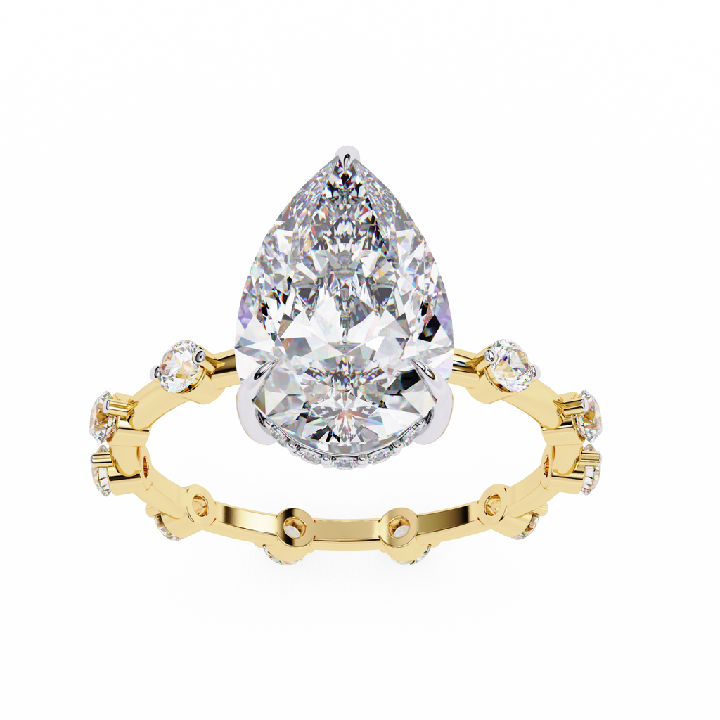 Yellow Gold Pear Cut Diamond Ring with Hidden Halo and Spaced Round Eternity Accents