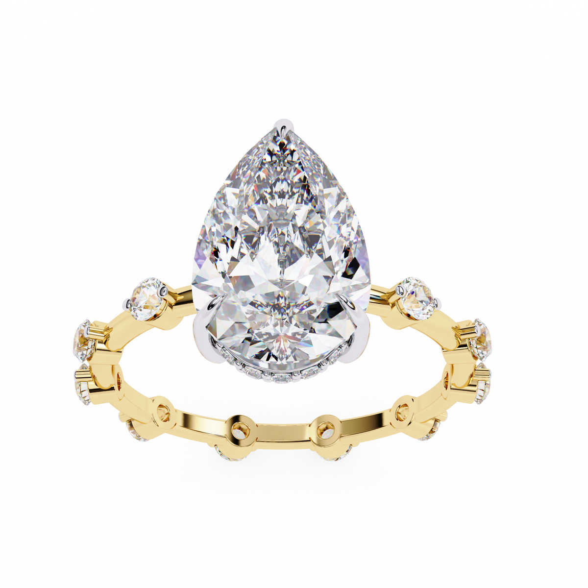 Yellow Gold Pear Cut Diamond Ring with Hidden Halo and Spaced Round Eternity Accents