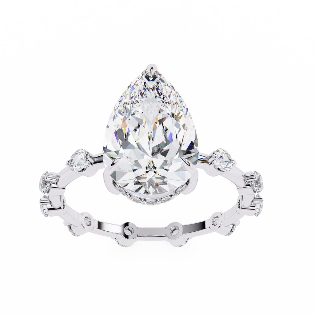 White Gold Pear Cut Diamond Ring with Hidden Halo and Spaced Round Eternity Accents