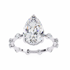 White Gold Pear Cut Diamond Ring with Hidden Halo and Spaced Round Eternity Accents