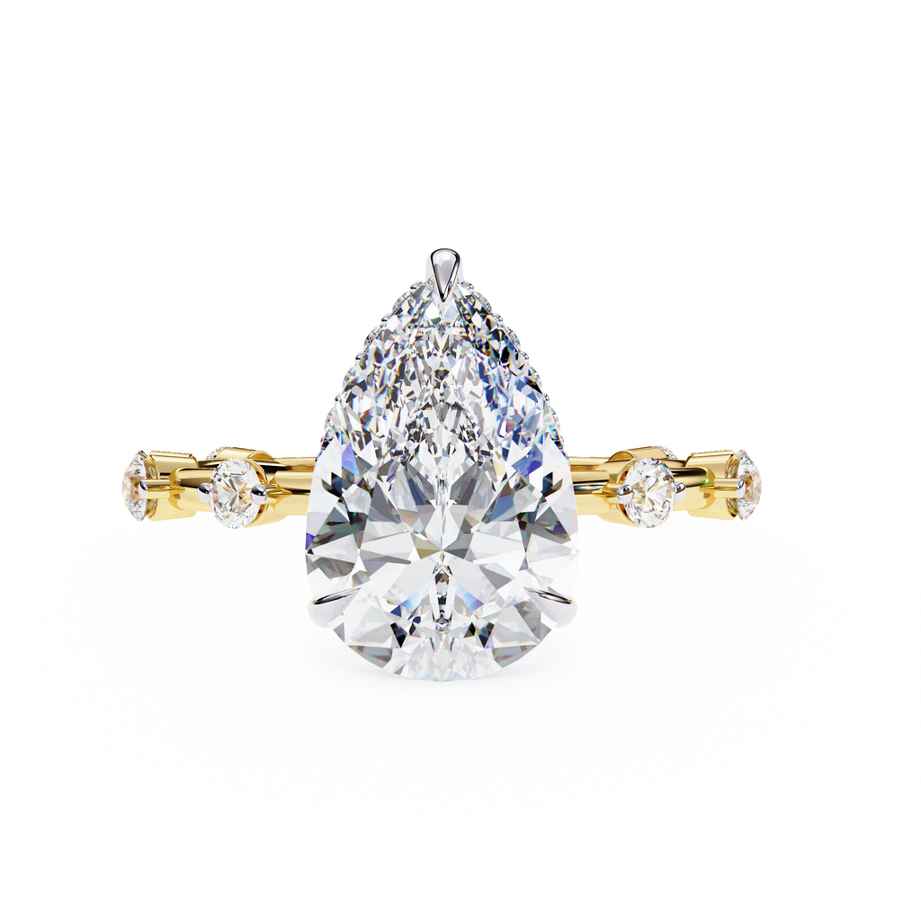 Yellow Gold Pear Cut Diamond Ring with Hidden Halo and Spaced Round Eternity Accents