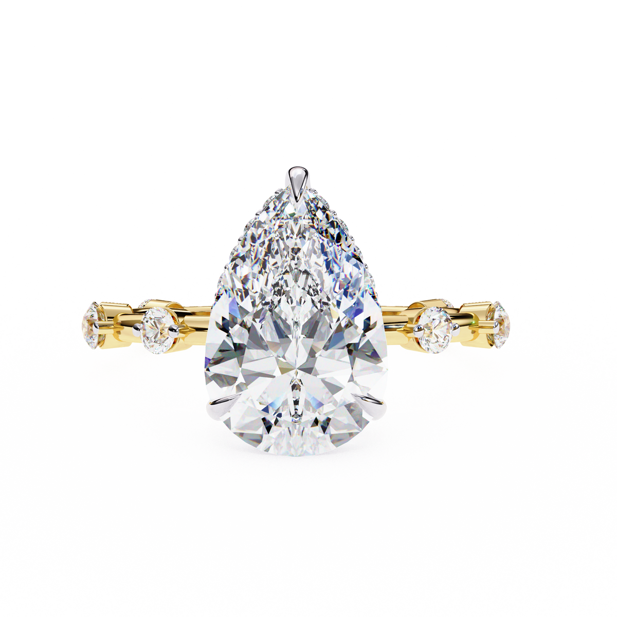 Yellow Gold Pear Cut Diamond Ring with Hidden Halo and Spaced Round Eternity Accents