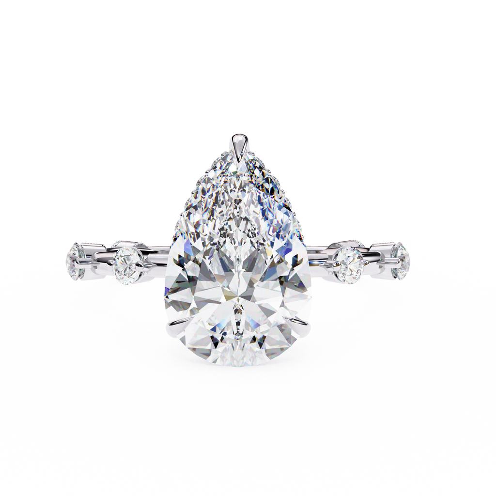 White Gold Pear Cut Diamond Ring with Hidden Halo and Spaced Round Eternity Accents