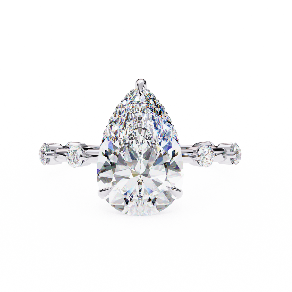 White Gold Pear Cut Diamond Ring with Hidden Halo and Spaced Round Eternity Accents
