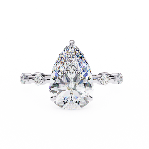 White Gold Pear Cut Diamond Ring with Hidden Halo and Spaced Round Eternity Accents