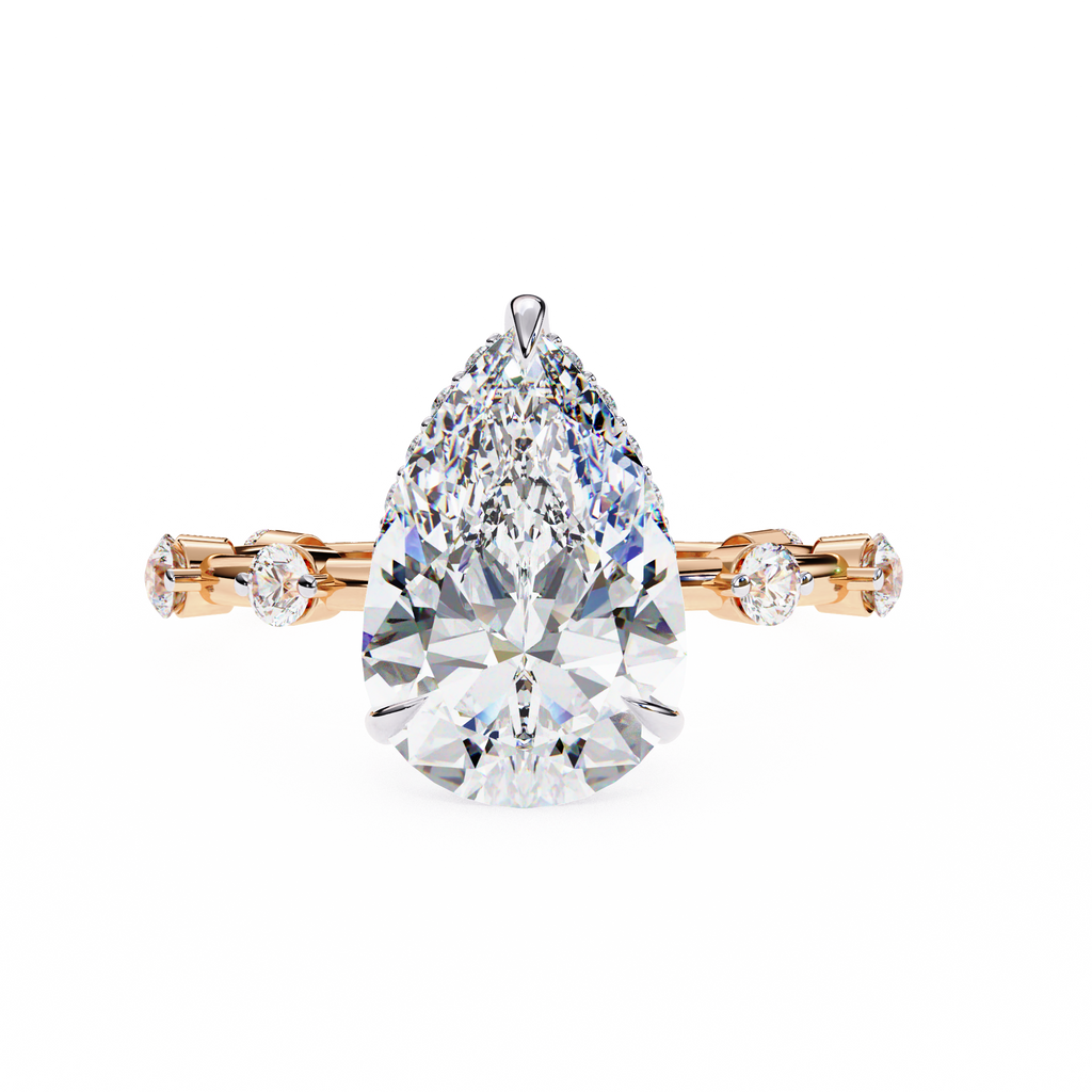 Rose Gold Pear Cut Diamond Ring with Hidden Halo and Spaced Round Eternity Band