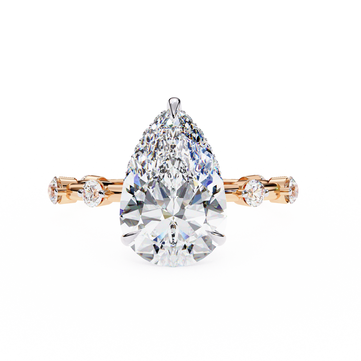 Rose Gold Pear Cut Diamond Ring with Hidden Halo and Spaced Round Eternity Band