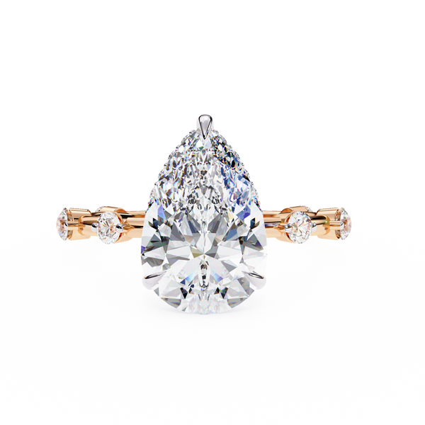 Rose Gold Pear Cut Diamond Ring with Hidden Halo and Spaced Round Eternity Band