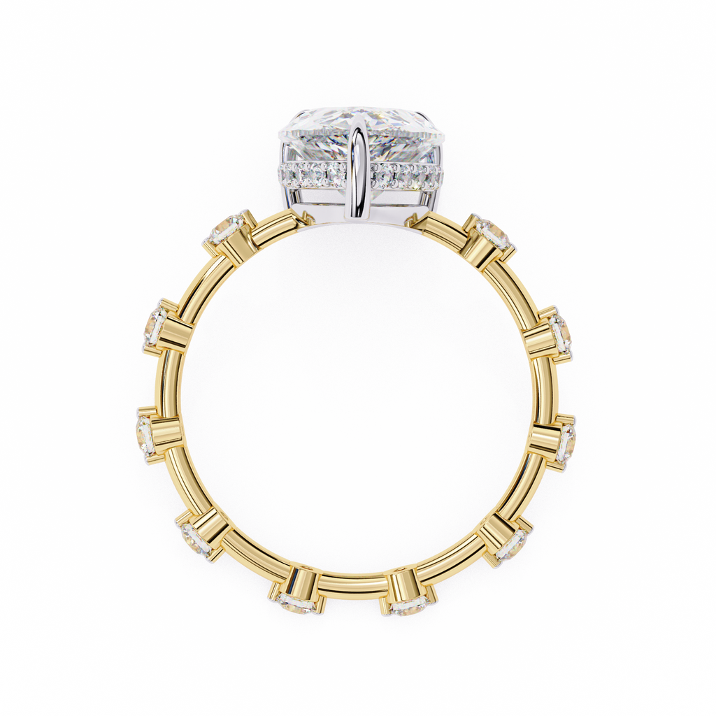 Yellow Gold Pear Cut Diamond Ring with Hidden Halo and Spaced Round Eternity Accents