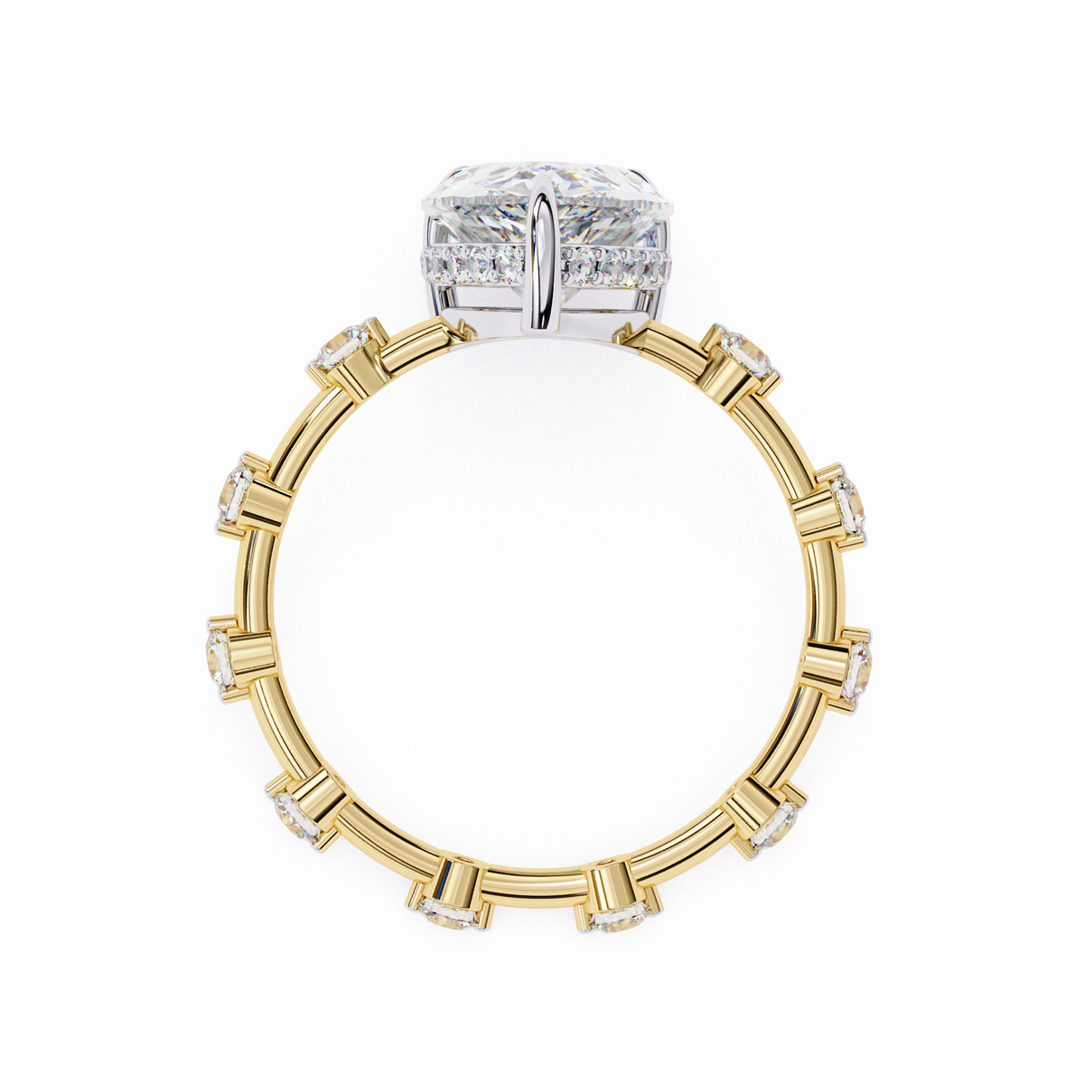 Yellow Gold Pear Cut Diamond Ring with Hidden Halo and Spaced Round Eternity Accents