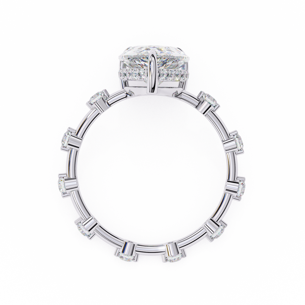 White Gold Pear Cut Diamond Ring with Hidden Halo and Spaced Round Eternity Accents