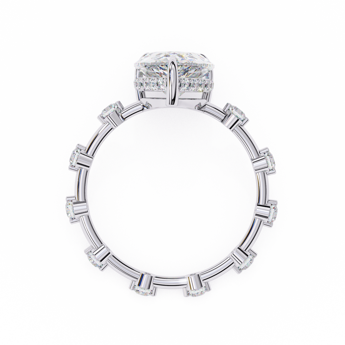 White Gold Pear Cut Diamond Ring with Hidden Halo and Spaced Round Eternity Accents