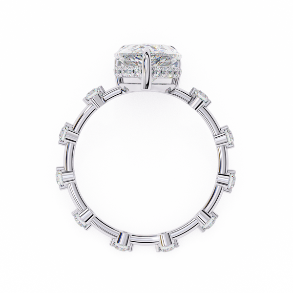 White Gold Pear Cut Diamond Ring with Hidden Halo and Spaced Round Eternity Accents