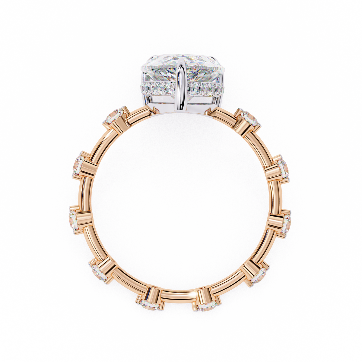 Rose Gold Pear Cut Diamond Ring with Hidden Halo and Spaced Round Eternity Band