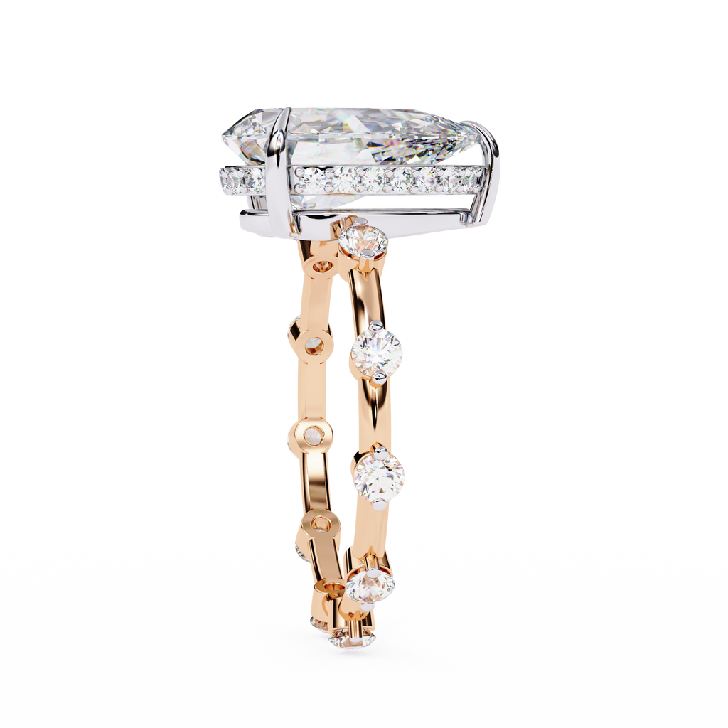 Rose Gold Pear Cut Diamond Ring with Hidden Halo and Spaced Round Eternity Band