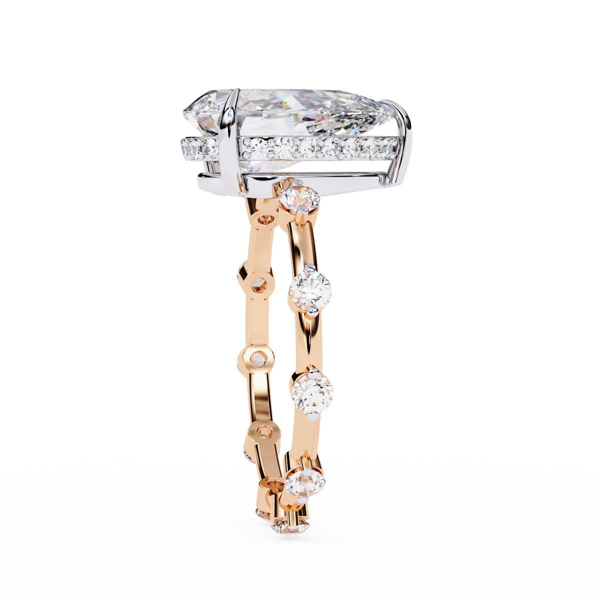 Rose Gold Pear Cut Diamond Ring with Hidden Halo and Spaced Round Eternity Band