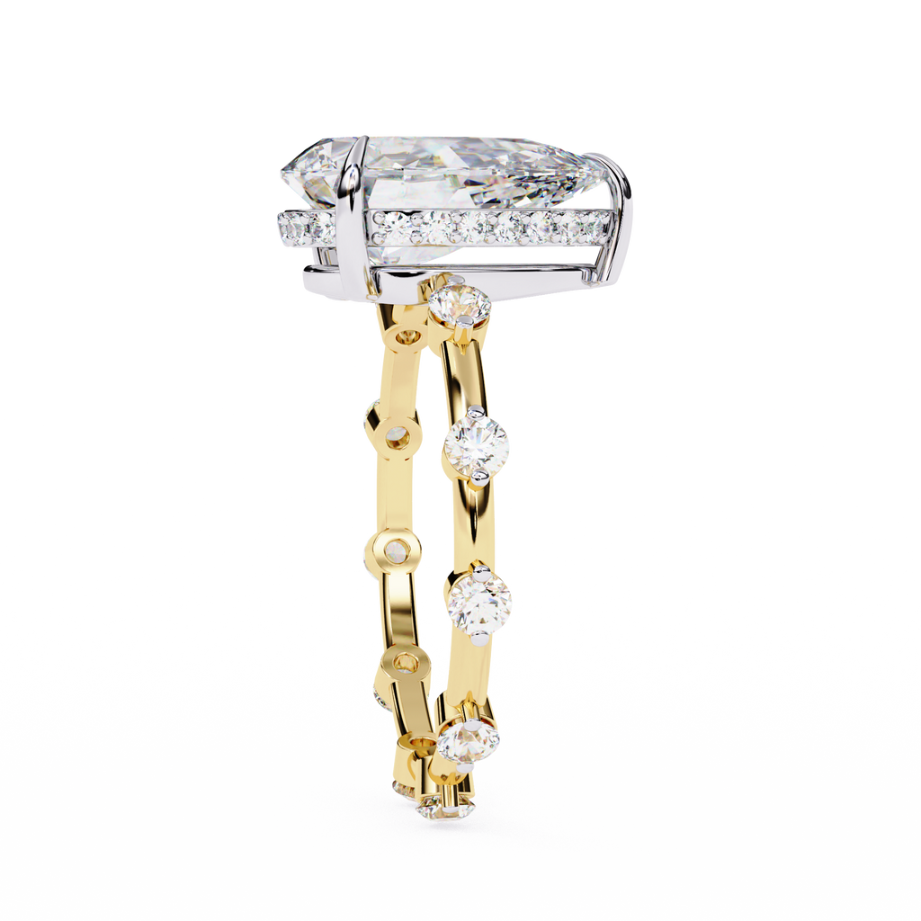 Yellow Gold Pear Cut Diamond Ring with Hidden Halo and Spaced Round Eternity Accents