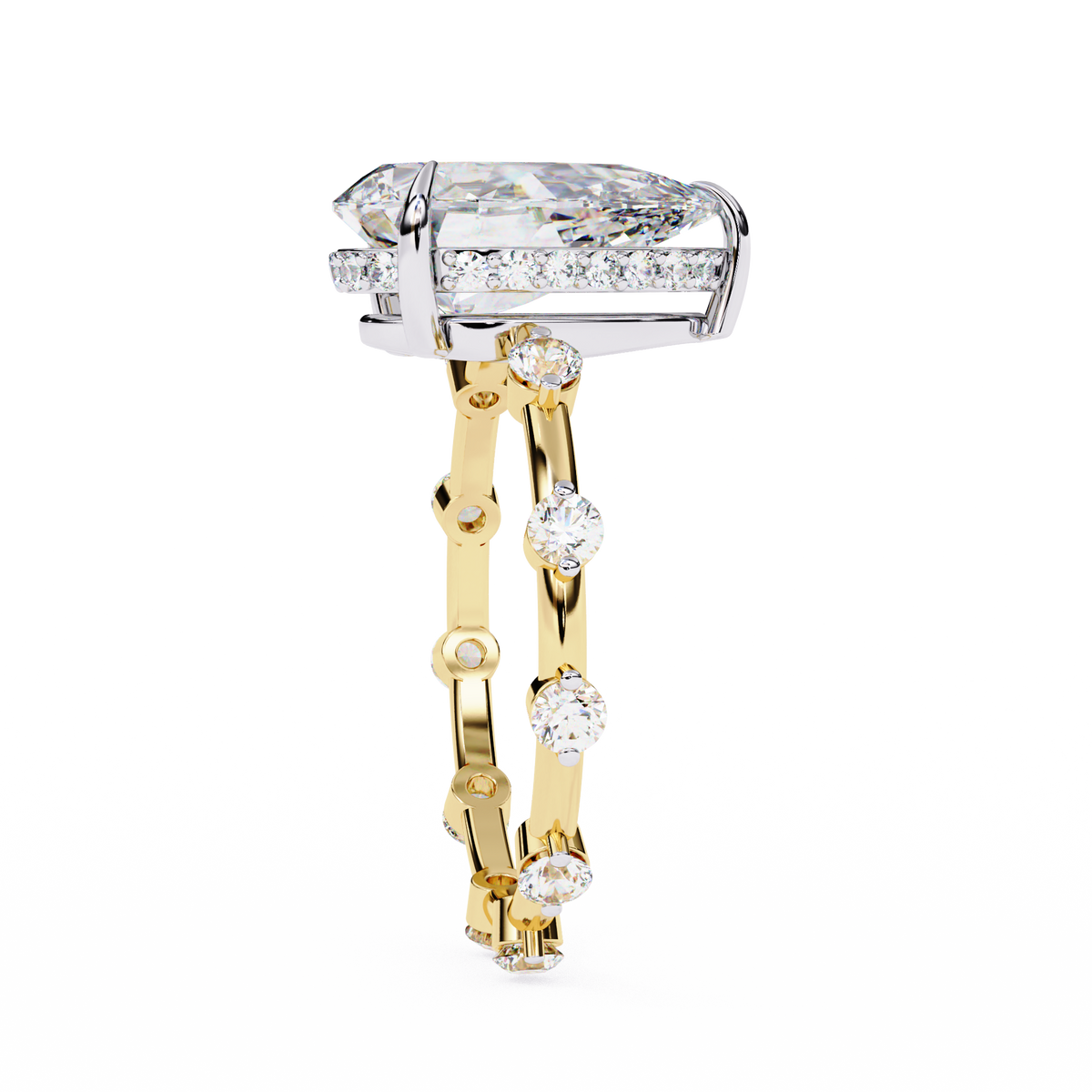 Yellow Gold Pear Cut Diamond Ring with Hidden Halo and Spaced Round Eternity Accents