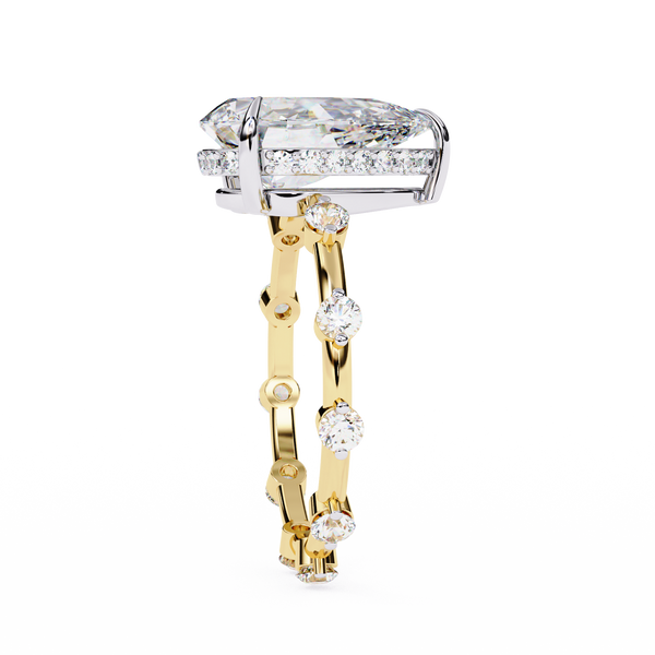 Yellow Gold Pear Cut Diamond Ring with Hidden Halo and Spaced Round Eternity Accents