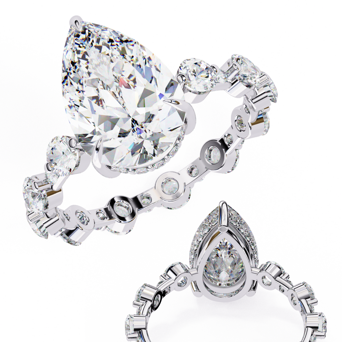 White Gold Pear Cut Diamond Ring with Hidden Halo and Shared-Prong Eternity Accents