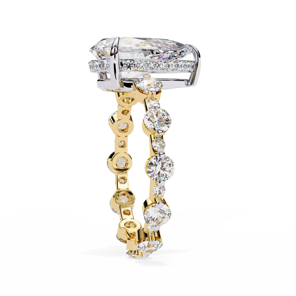 Yellow Gold Pear Cut Diamond Ring with Hidden Halo and Shared-Prong Eternity Accents