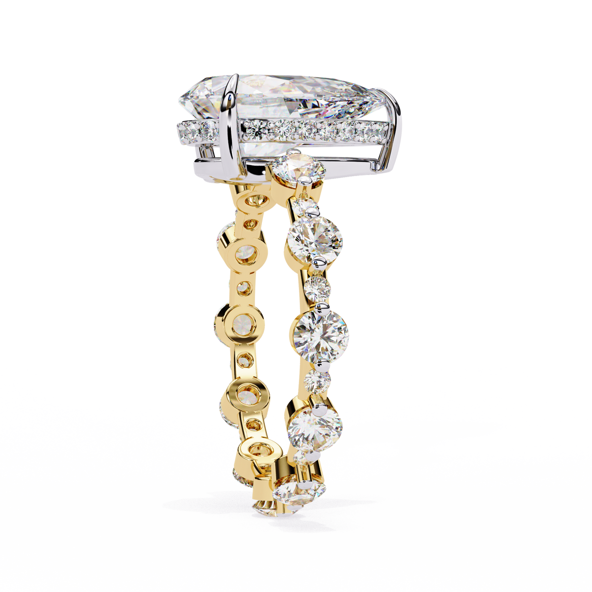 Yellow Gold Pear Cut Diamond Ring with Hidden Halo and Shared-Prong Eternity Accents