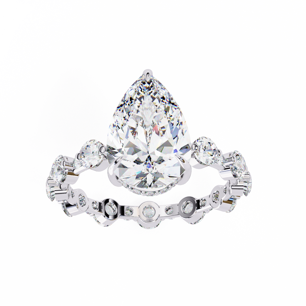 White Gold Pear Cut Diamond Ring with Hidden Halo and Shared-Prong Eternity Accents