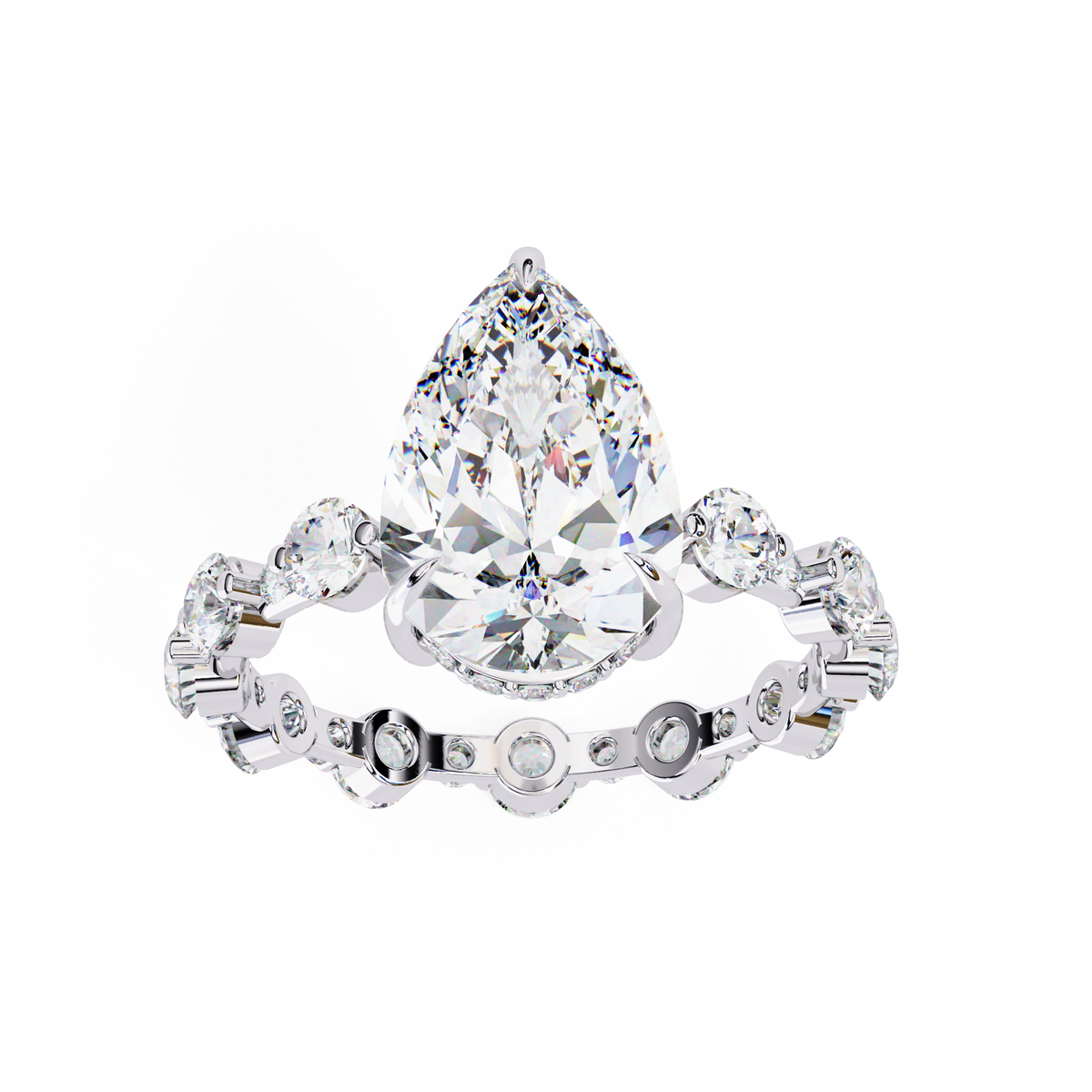 White Gold Pear Cut Diamond Ring with Hidden Halo and Shared-Prong Eternity Accents