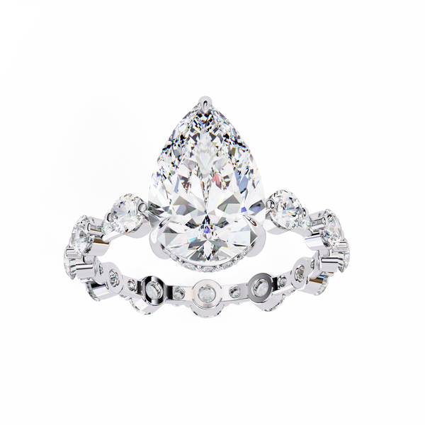 White Gold Pear Cut Diamond Ring with Hidden Halo and Shared-Prong Eternity Accents