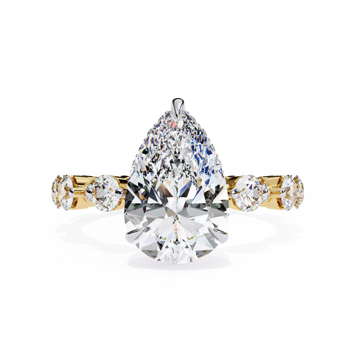 Yellow Gold Pear Cut Diamond Ring with Hidden Halo and Shared-Prong Eternity Accents