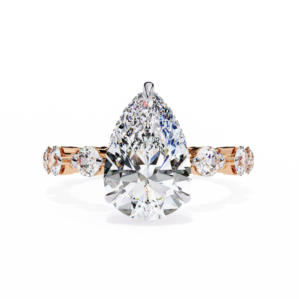 Rose Gold Pear Cut Diamond Ring with Round Eternity Band and Hidden Halo