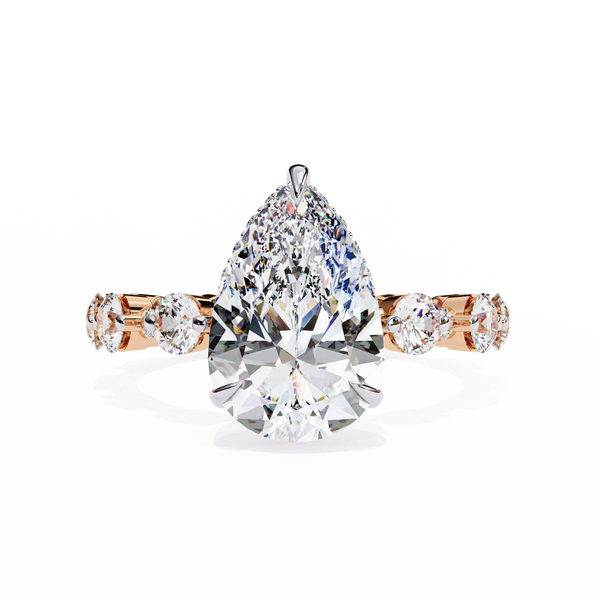 Rose Gold Pear Cut Diamond Ring with Round Eternity Band and Hidden Halo