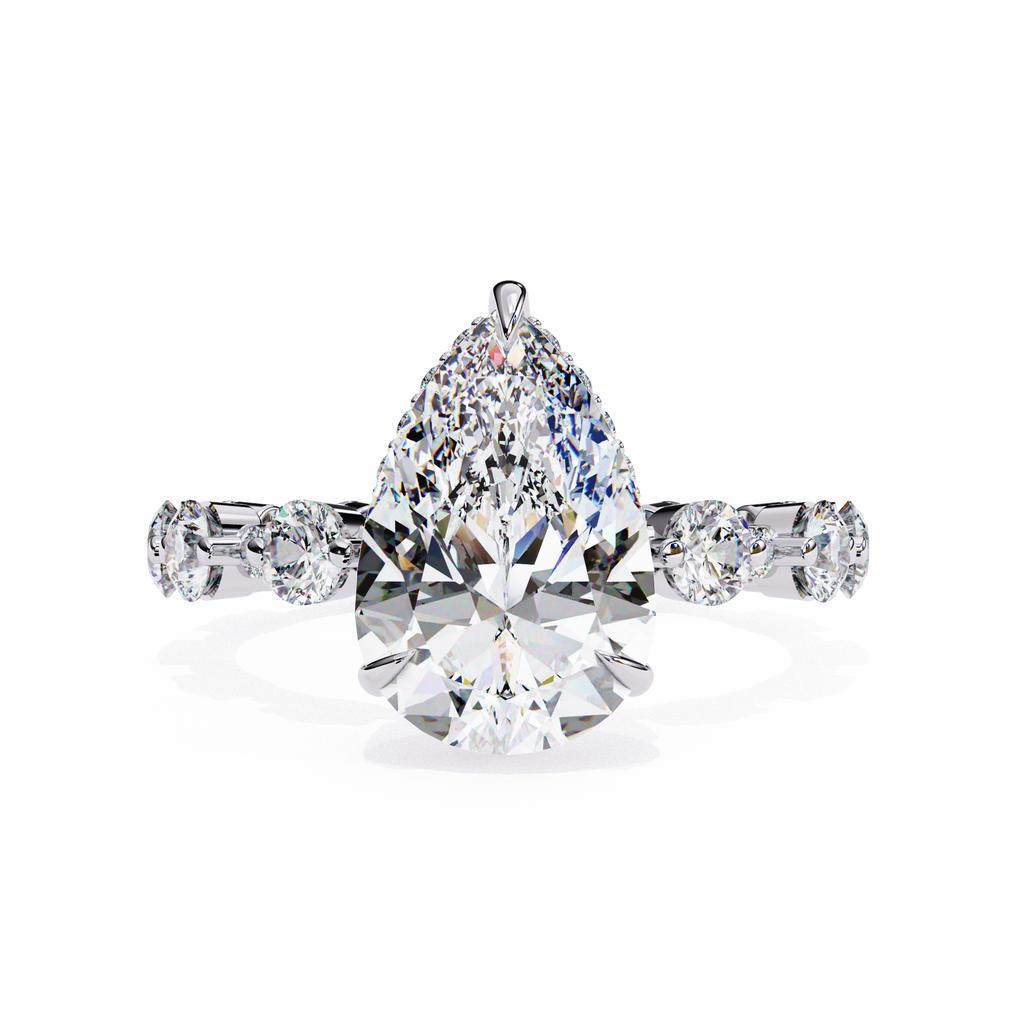 White Gold Pear Cut Diamond Ring with Hidden Halo and Shared-Prong Eternity Accents