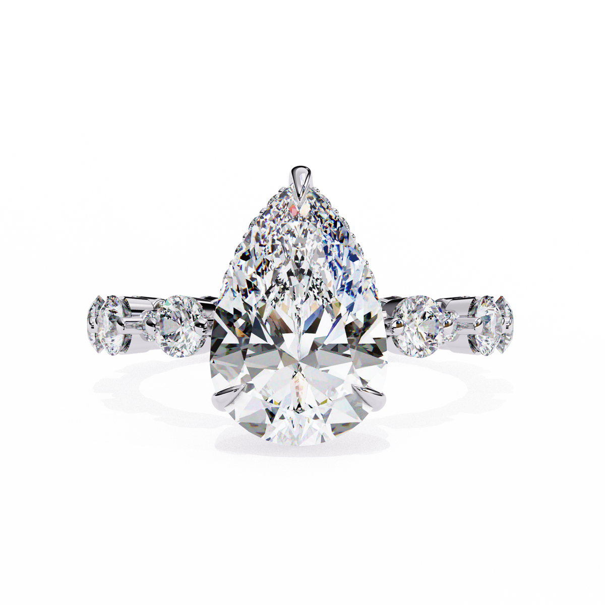 White Gold Pear Cut Diamond Ring with Hidden Halo and Shared-Prong Eternity Accents