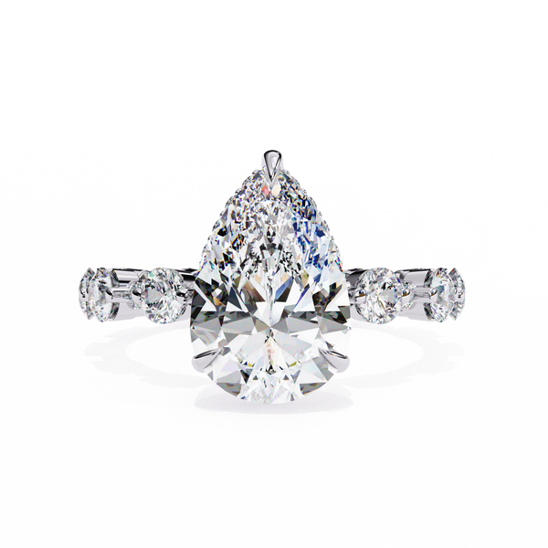 White Gold Pear Cut Diamond Ring with Hidden Halo and Shared-Prong Eternity Accents