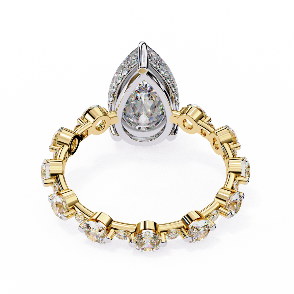 Yellow Gold Pear Cut Diamond Ring with Hidden Halo and Shared-Prong Eternity Accents