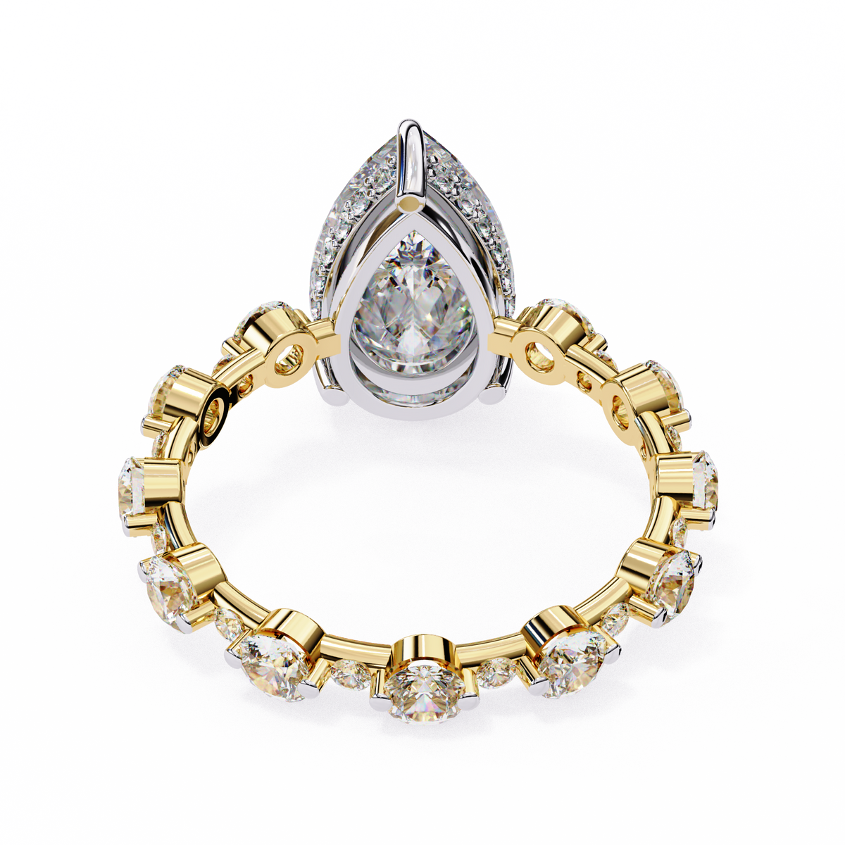 Yellow Gold Pear Cut Diamond Ring with Hidden Halo and Shared-Prong Eternity Accents
