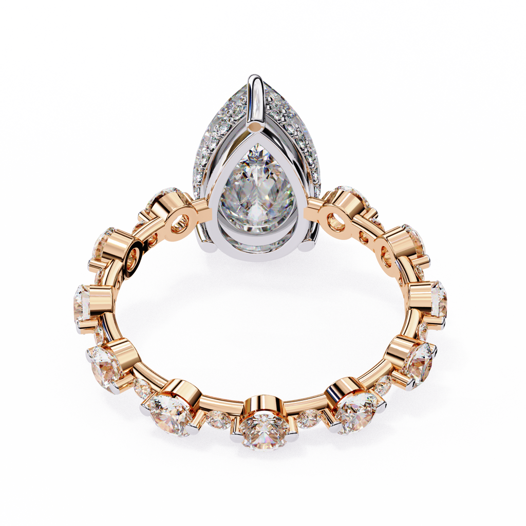 Rose Gold Pear Cut Diamond Ring with Round Eternity Band and Hidden Halo