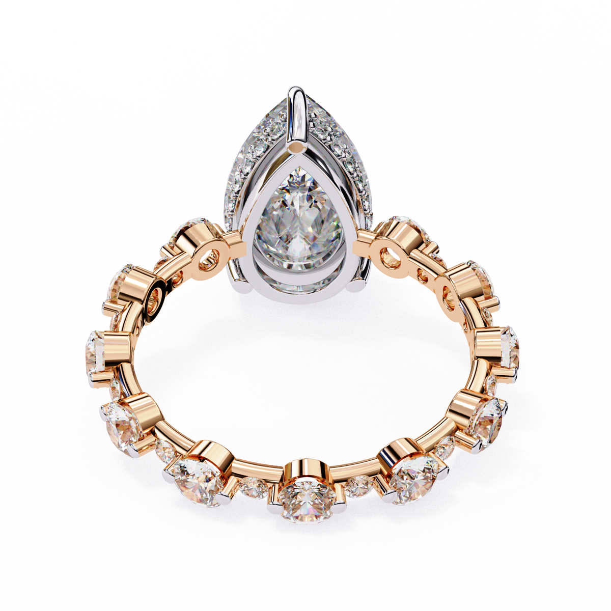 Rose Gold Pear Cut Diamond Ring with Round Eternity Band and Hidden Halo