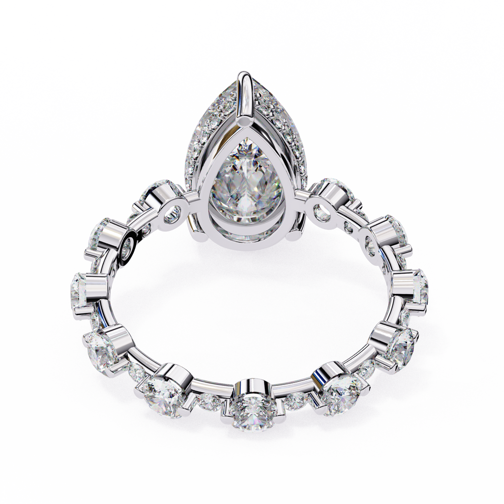 White Gold Pear Cut Diamond Ring with Hidden Halo and Shared-Prong Eternity Accents