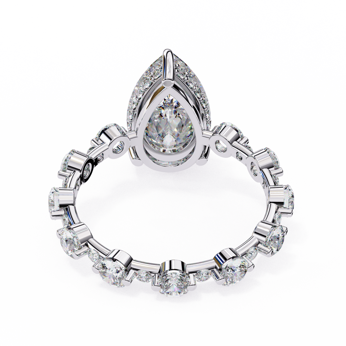 White Gold Pear Cut Diamond Ring with Hidden Halo and Shared-Prong Eternity Accents