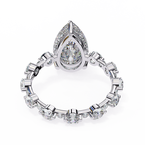 White Gold Pear Cut Diamond Ring with Hidden Halo and Shared-Prong Eternity Accents