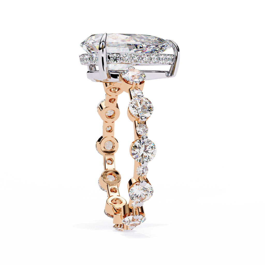 Rose Gold Pear Cut Diamond Ring with Round Eternity Band and Hidden Halo