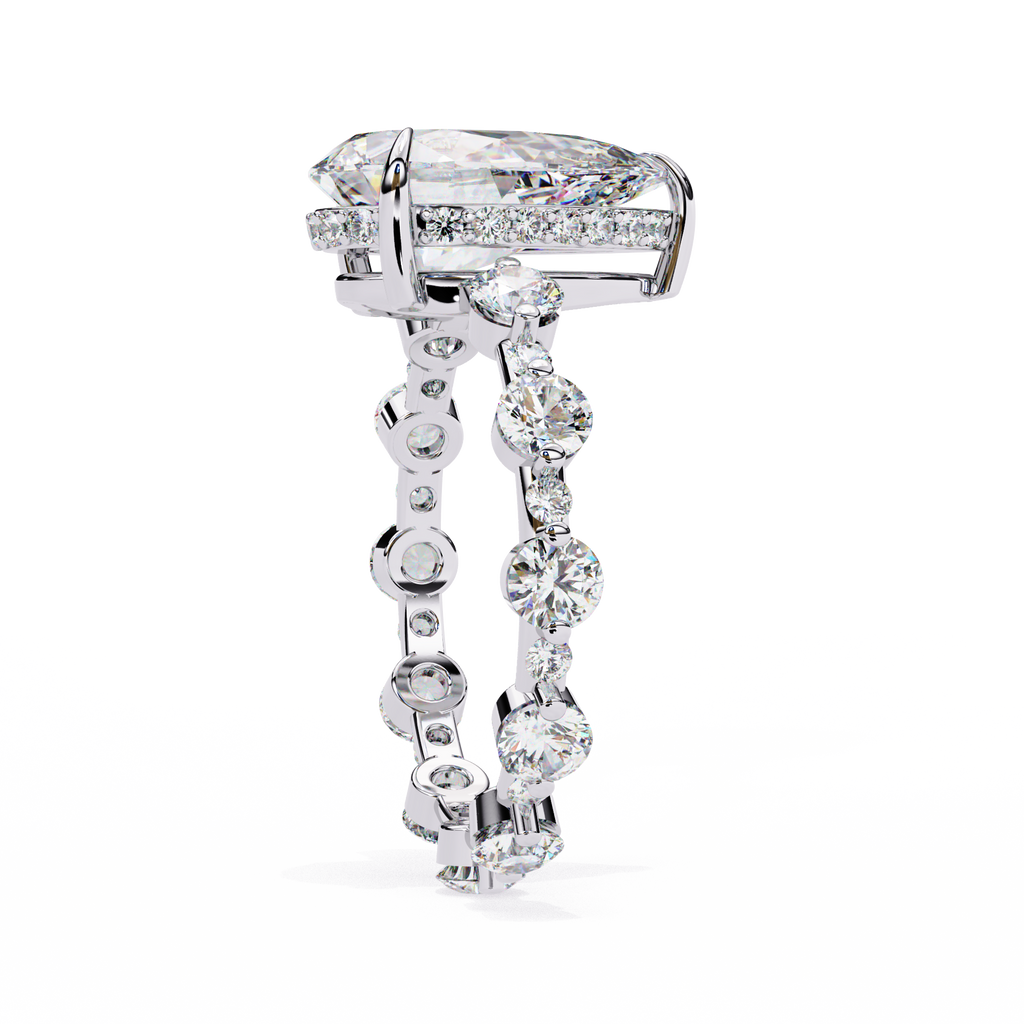 White Gold Pear Cut Diamond Ring with Hidden Halo and Shared-Prong Eternity Accents