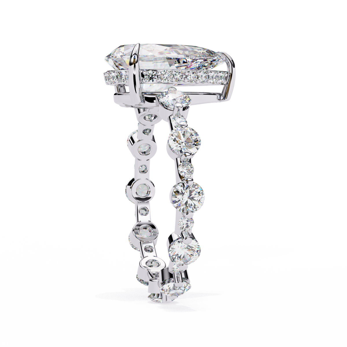 White Gold Pear Cut Diamond Ring with Hidden Halo and Shared-Prong Eternity Accents