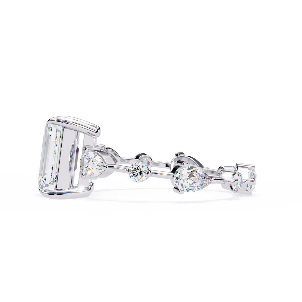 White Gold Emerald Cut Diamond Ring with Pear and Round Eternity Accents