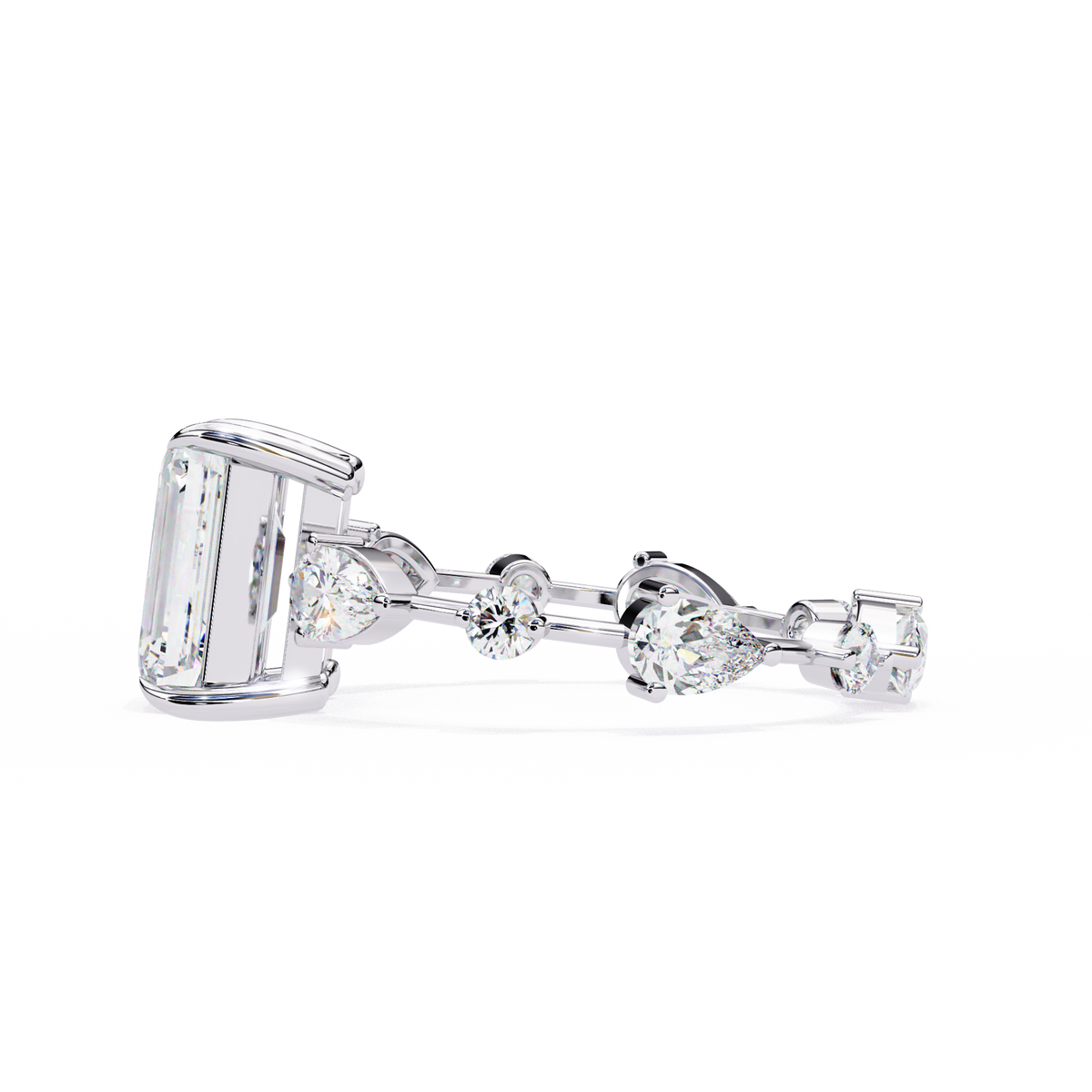 White Gold Emerald Cut Diamond Ring with Pear and Round Eternity Accents
