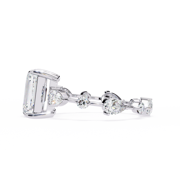 White Gold Emerald Cut Diamond Ring with Pear and Round Eternity Accents