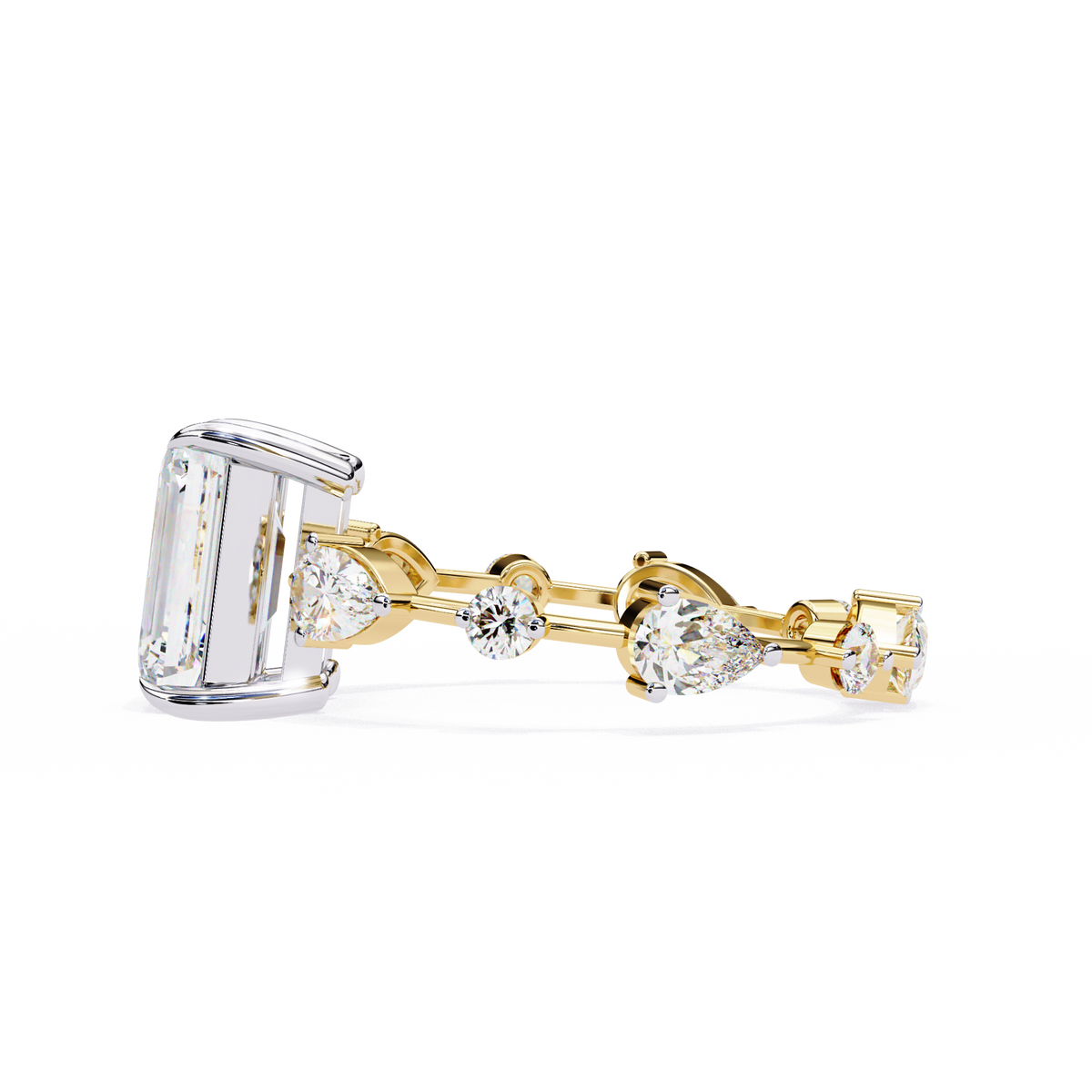 Yellow Gold Emerald Cut Diamond Ring with Pear and Round Eternity Accents