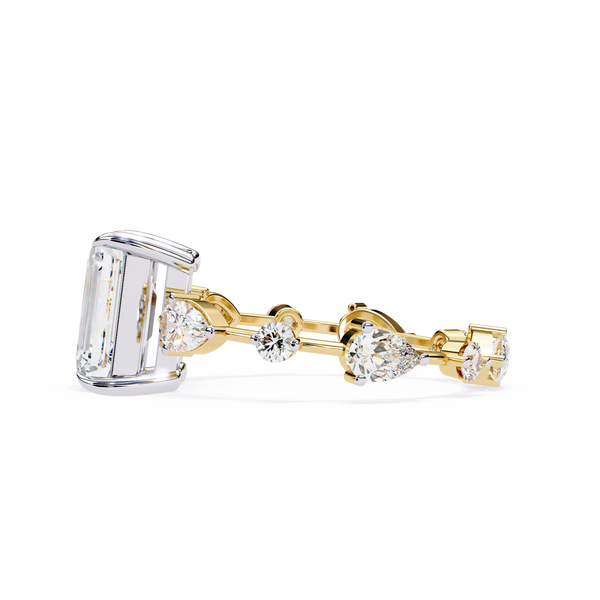 Yellow Gold Emerald Cut Diamond Ring with Pear and Round Eternity Accents